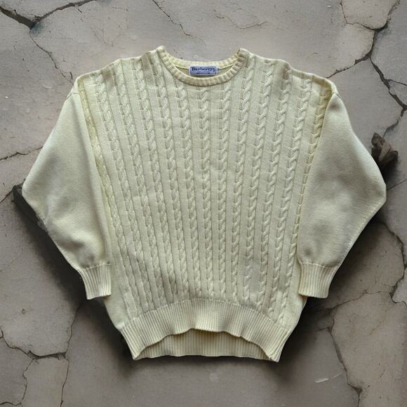Burberrys Cable Knit Sweater Large Yellow Cotton Pullover Made in Scotland NYC